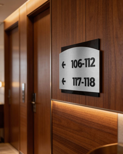 ALUMADESIGNCO Flow Design wayfinding sign with minimalist modern style, elegant directional signage for offices, apartments, hotels, and interior spaces