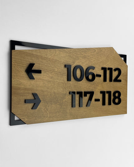 Premium personalized directional wall sign by ALUMADESIGNCO featuring birch wood plate and black acrylic lettering, modern wayfinding signage for hospitality and office interiors