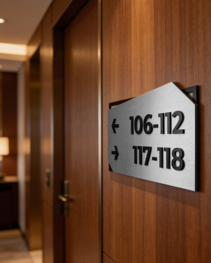Premium personalized directional wall sign by ALUMADESIGNCO, modern wayfinding signage for offices, hotels, apartment buildings, and contemporary spaces