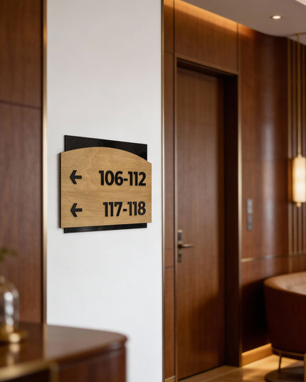 ALUMADESIGNCO Flow Design birch wood and black acrylic arrow wayfinding sign, premium directional wall signage for offices, hotels, apartments, and contemporary interiors