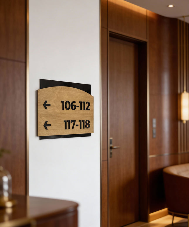 ALUMADESIGNCO Flow Design birch wood and black acrylic arrow wayfinding sign, premium directional wall signage for offices, hotels, apartments, and contemporary interiors