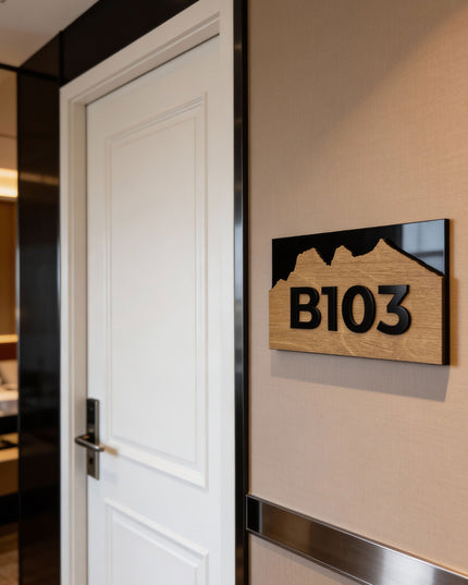 ALUMADESIGNCO Alpine birch plywood room number sign with black acrylic glass numbers, premium modern signage for apartments, Airbnb properties, and hotels