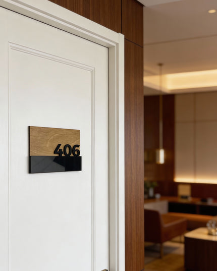 Modern Horizon Design custom wooden door number sign by ALUMADESIGNCO with natural wood panel and raised glossy black acrylic numbers, stylish door signage for contemporary interiors