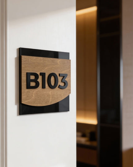 ALUMADESIGNCO Flow Design custom hotel room number sign made from birch wood and black acrylic numbers, modern door signage for hotels, apartments, and Airbnb interiors
