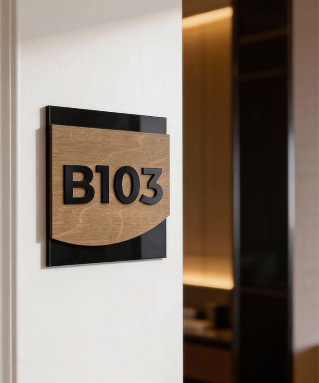 ALUMADESIGNCO Flow Design custom hotel room number sign made from birch wood and black acrylic numbers, modern door signage for hotels, apartments, and Airbnb interiors