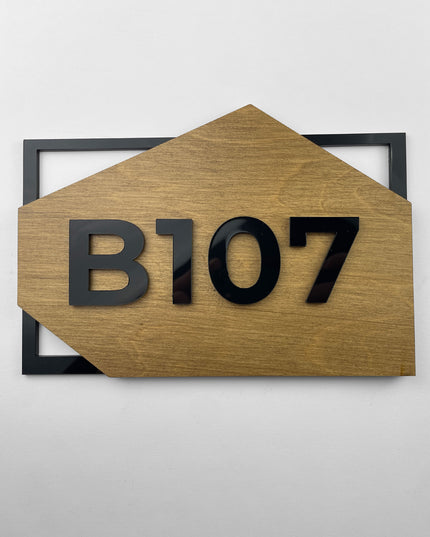 Modern condominium door number plaque in birch wood and acrylic by ALUMADESIGNCO for condos, apartments, and contemporary interior spaces