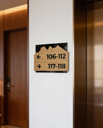 ALUMADESIGNCO custom directional plaque with birch wood and black acrylic in Alpine Design, minimalist modern signage for offices, apartments, hotels, and commercial buildings