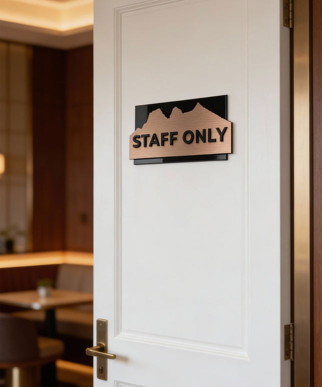 ALUMADESIGNCO custom brushed bronze door sign with raised 3D black acrylic lettering, modern signage for hotels, offices, apartments, and interior spaces