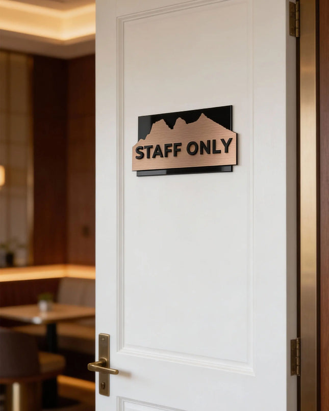 ALUMADESIGNCO custom brushed bronze door sign with raised 3D black acrylic lettering, modern signage for hotels, offices, apartments, and interior spaces