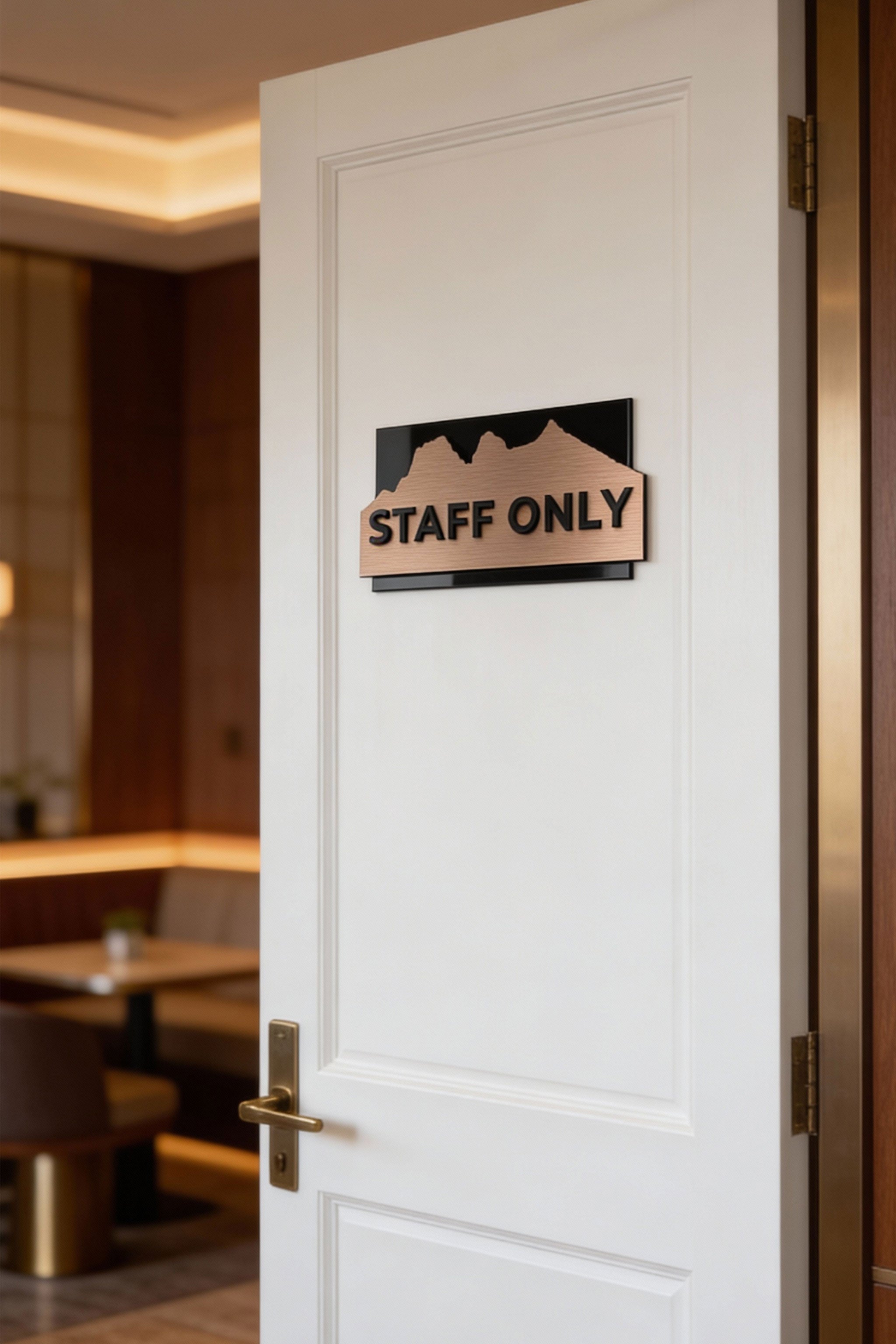 ALUMADESIGNCO custom brushed bronze door sign with raised 3D black acrylic lettering, modern signage for hotels, offices, apartments, and interior spaces