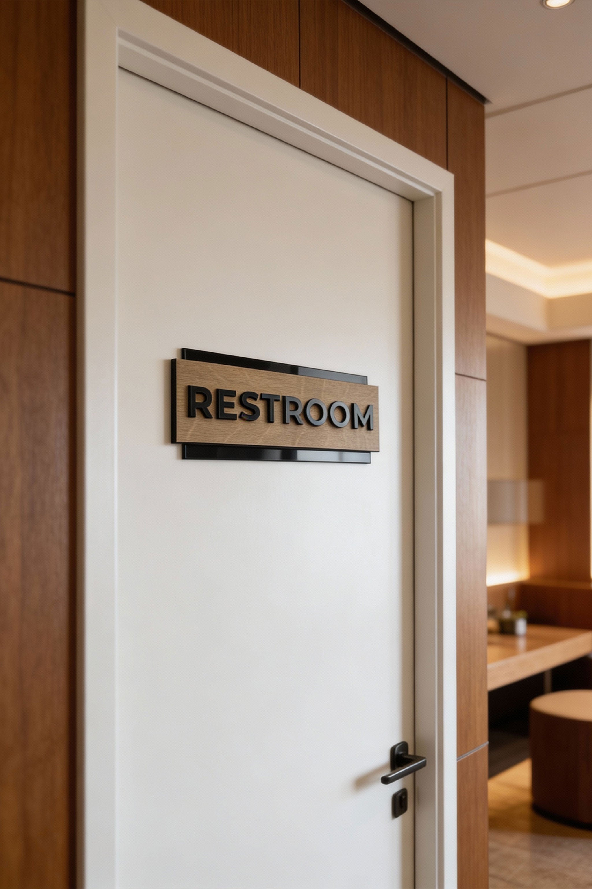 ALUMADESIGNCO custom birch wood and black acrylic office sign with minimalist modern design, premium plaque for offices, studios, and commercial interiors