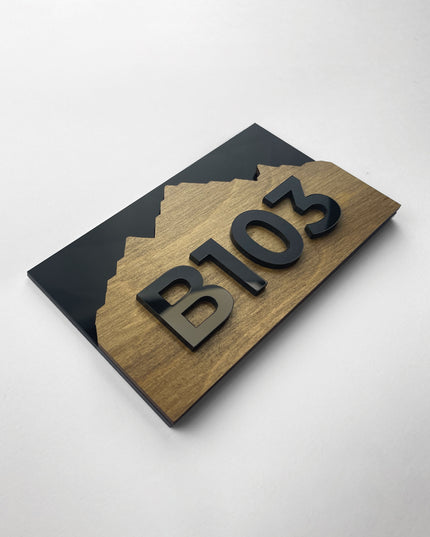 ALUMADESIGNCO custom Alpine wooden and acrylic apartment door number sign with raised numbers, modern signage for Airbnb properties and apartment corridors