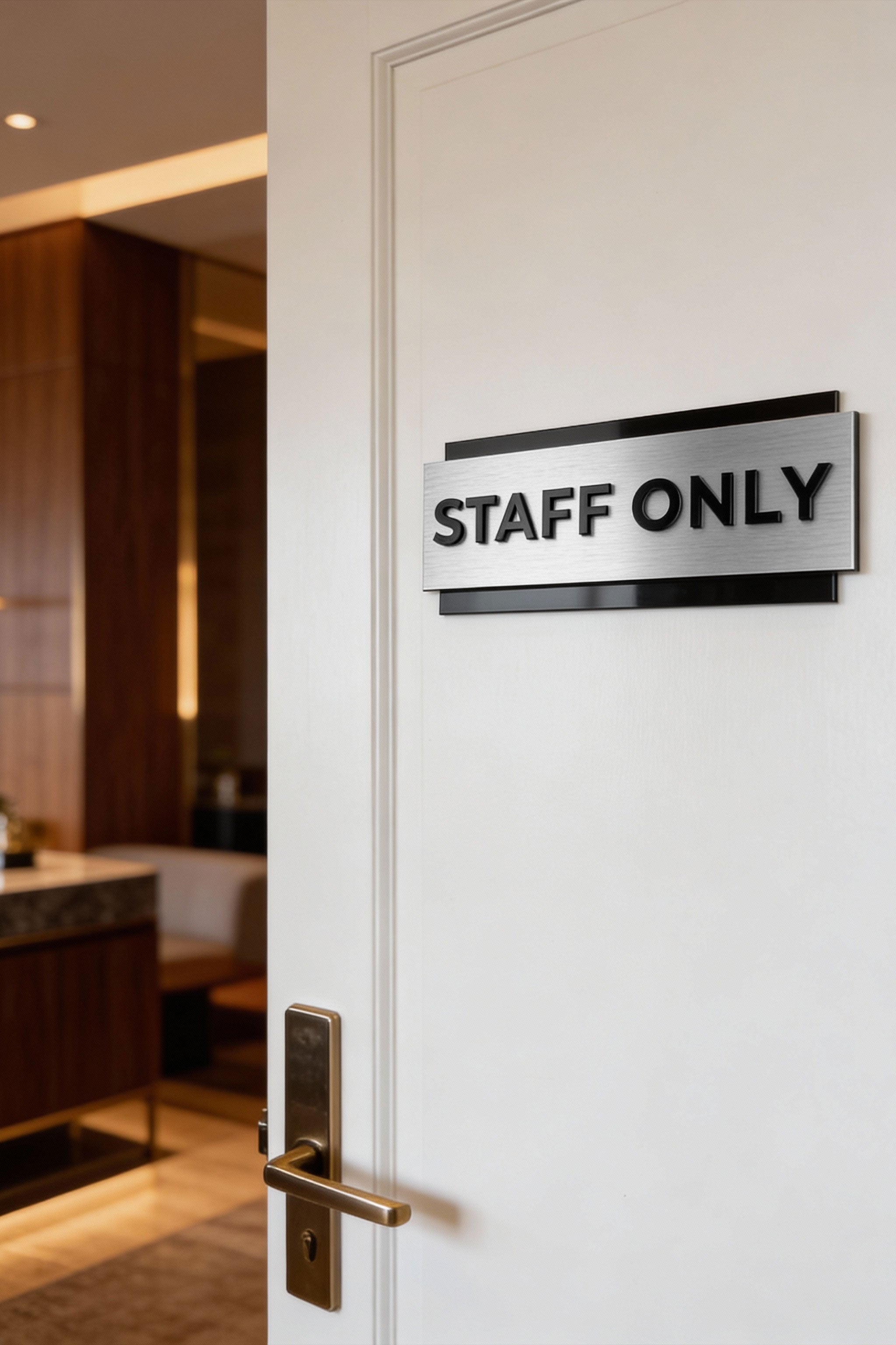 Modern custom door sign by ALUMADESIGNCO combining brushed silver metal and black acrylic text, elegant signage for office doors, restrooms, and hotel facilities