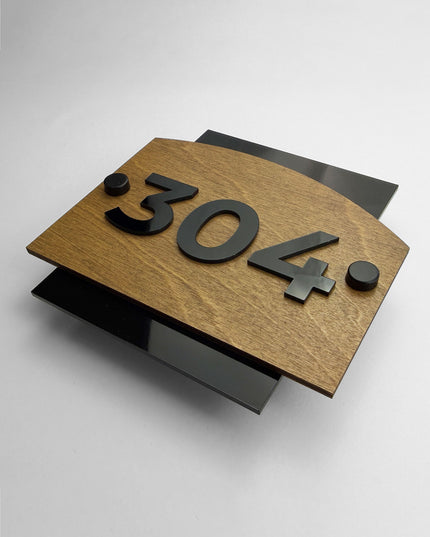 Premium wood and acrylic standoff room number plaque Flow Design by ALUMADESIGNCO for boutique hotels, apartments, and contemporary interiors