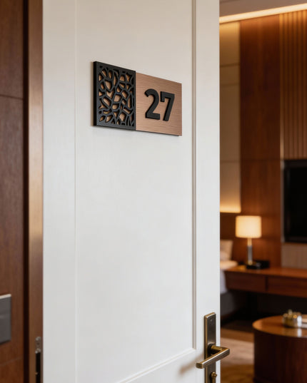 ALUMADESIGNCO brushed bronze and acrylic glass door number sign with minimalist modern design, premium signage for boutique hotels and apartment buildings