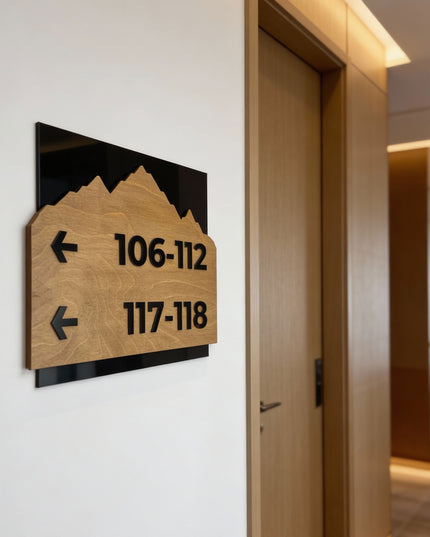 ALUMADESIGNCO Alpine Design birch wood and black acrylic directional wayfinding sign, premium wall signage for offices, hotels, apartments, and contemporary interiors