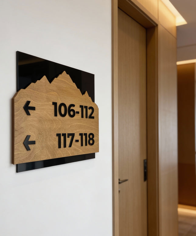 ALUMADESIGNCO Alpine Design birch wood and black acrylic directional wayfinding sign, premium wall signage for offices, hotels, apartments, and contemporary interiors