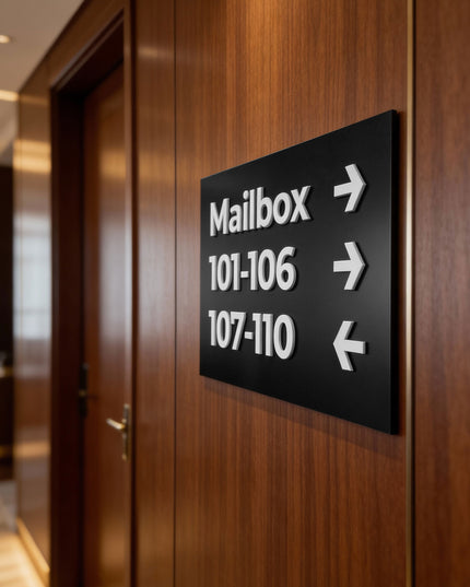 ALUMADESIGNCO premium black and white wall plaque wayfinding sign with minimalist modern style, directional signage for offices, hotels, apartments, and commercial interiors