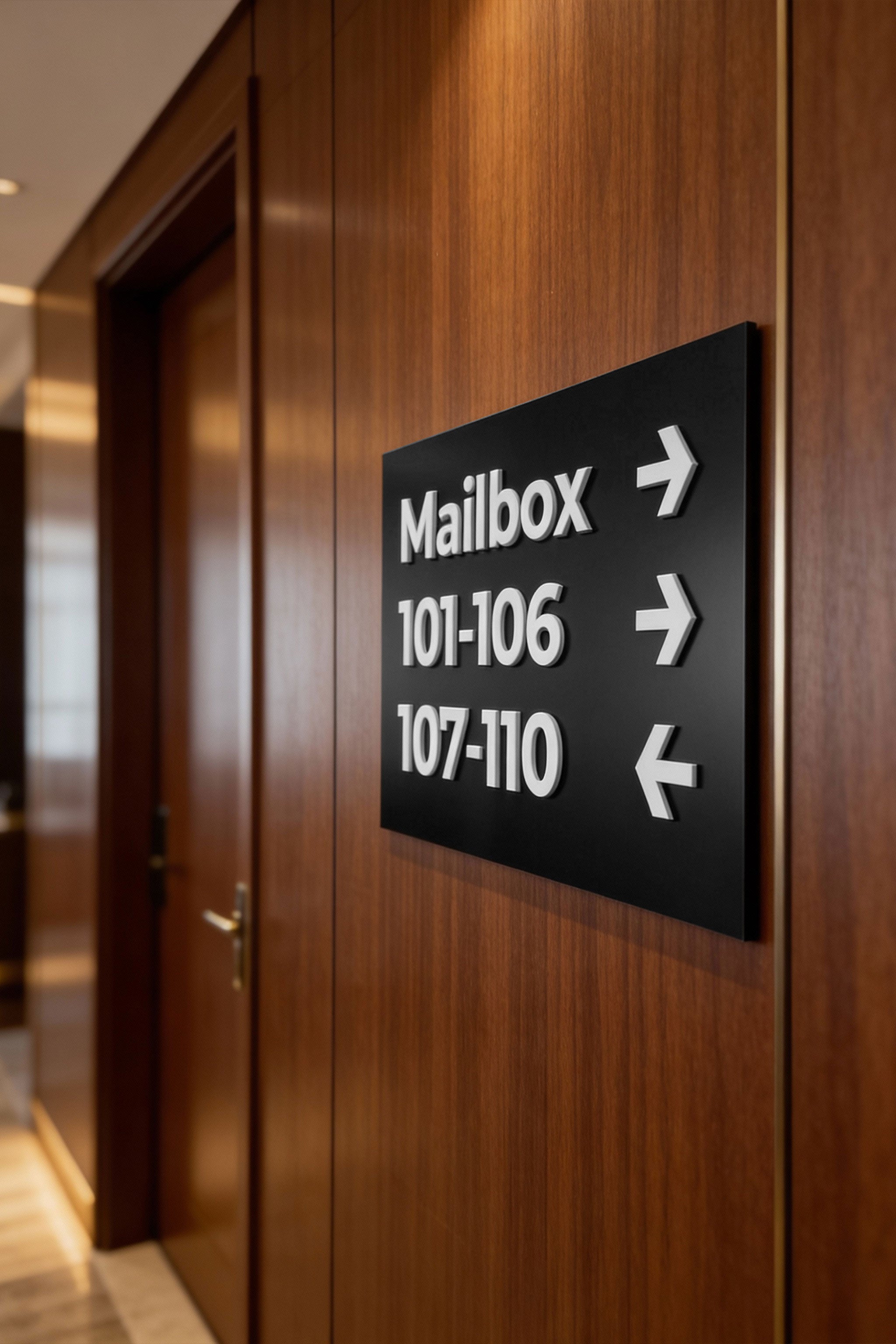 ALUMADESIGNCO premium black and white wall plaque wayfinding sign with minimalist modern style, directional signage for offices, hotels, apartments, and commercial interiors