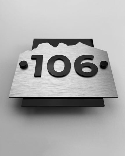 ALUMADESIGNCO Alpine Design modern hotel room standoff wall sign with brushed silver aluminum plaque and black acrylic numbers, premium hotel door number signage with metal standoff mounting