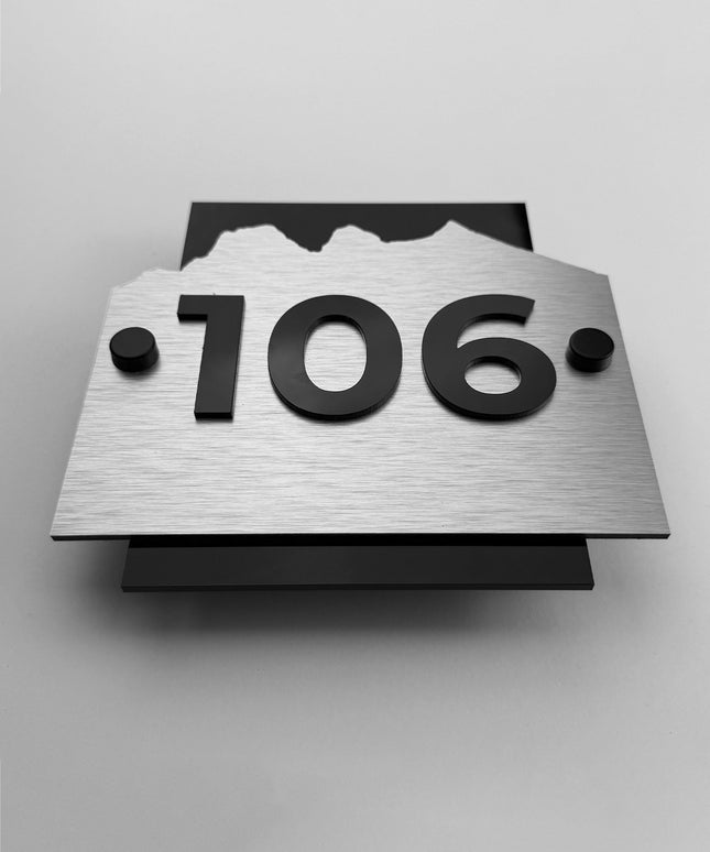 ALUMADESIGNCO Alpine Design modern hotel room standoff wall sign with brushed silver aluminum plaque and black acrylic numbers, premium hotel door number signage with metal standoff mounting