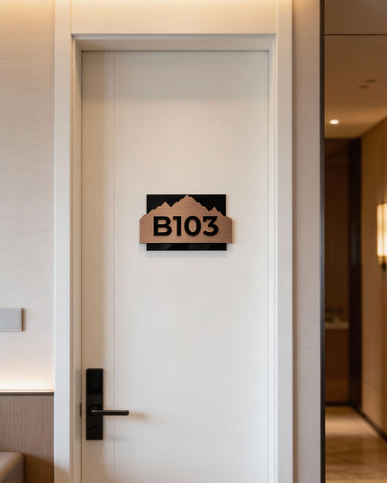 ALUMADESIGNCO Alpine Design bronze room number sign with minimalist modern style, premium door signage for boutique hotels and apartment buildings