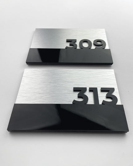 ALUMADESIGNCO elegant Horizon brushed silver door number sign with black acrylic characters, premium door signage for boutique hotels and residential interiors