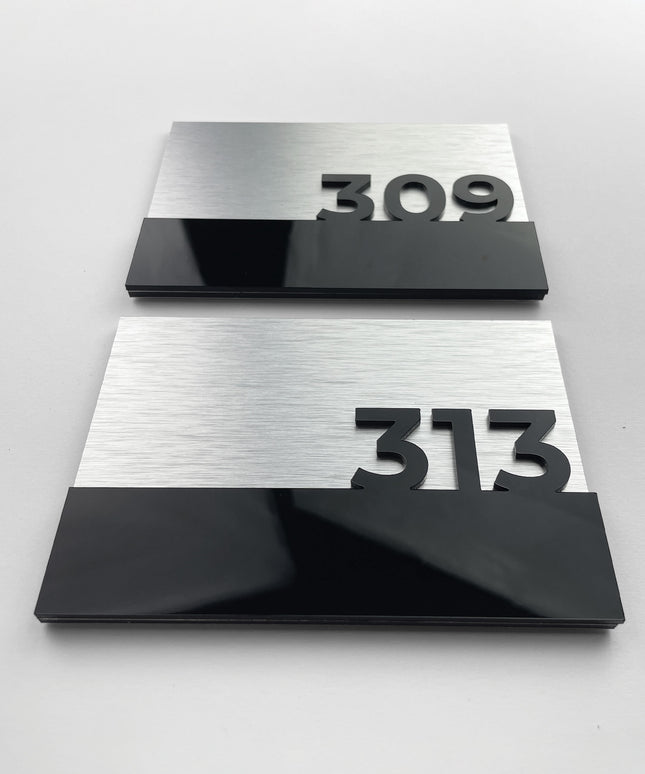 ALUMADESIGNCO elegant Horizon brushed silver door number sign with black acrylic characters, premium door signage for boutique hotels and residential interiors