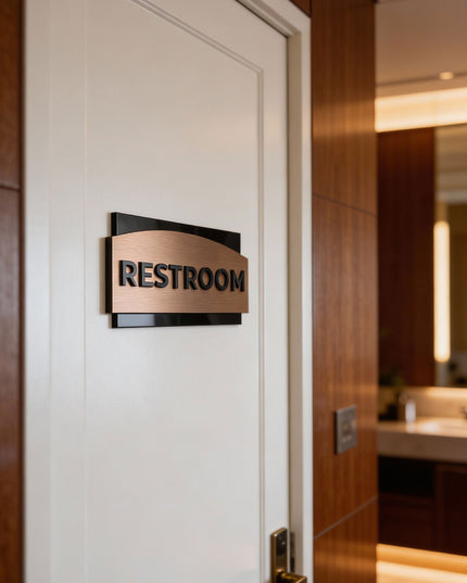 Premium brushed bronze office door sign by ALUMADESIGNCO featuring black acrylic lettering, modern signage for offices, conference rooms, and hospitality interiors