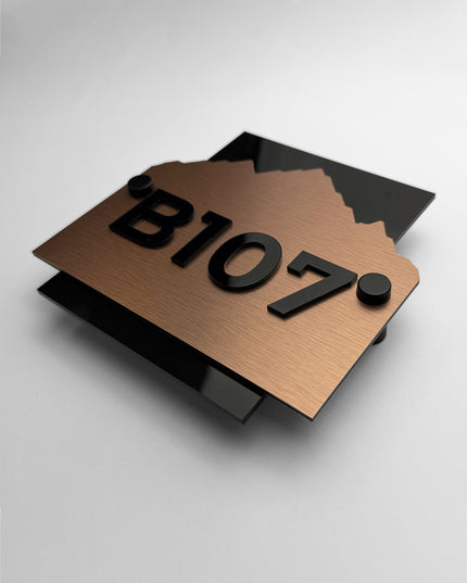 ALUMADESIGNCO brushed bronze and acrylic standoff wall number plaque Alpine Design for hotel rooms, apartments, Airbnb properties, and offices