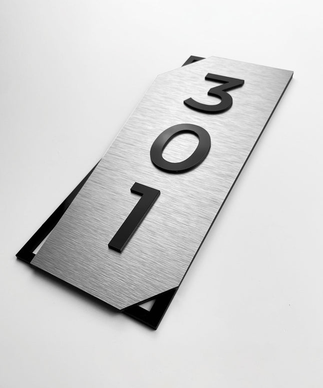 ALUMADESIGNCO vertical brushed silver door number sign with acrylic glass numbers, premium wall signage for boutique hotels and residential interiors