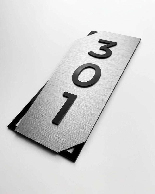 ALUMADESIGNCO vertical brushed silver door number sign with acrylic glass numbers, premium wall signage for boutique hotels and residential interiors