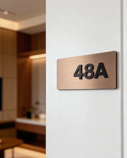 Modern Classic Design apartment number sign by ALUMADESIGNCO combining brushed bronze metal panel and acrylic numbers, stylish door signage for contemporary interiors