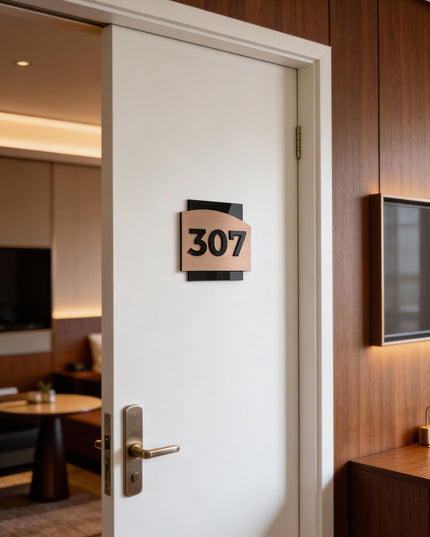 Modern luxury hotel room number sign by ALUMADESIGNCO combining bronze metal panel and acrylic glass numbers, stylish door signage for contemporary interiors