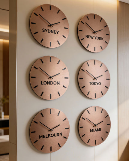 ALUMADESIGNCO brushed bronze world time zone wall clock with custom city names, modern wall décor for offices, hotels, studios, and contemporary interiors