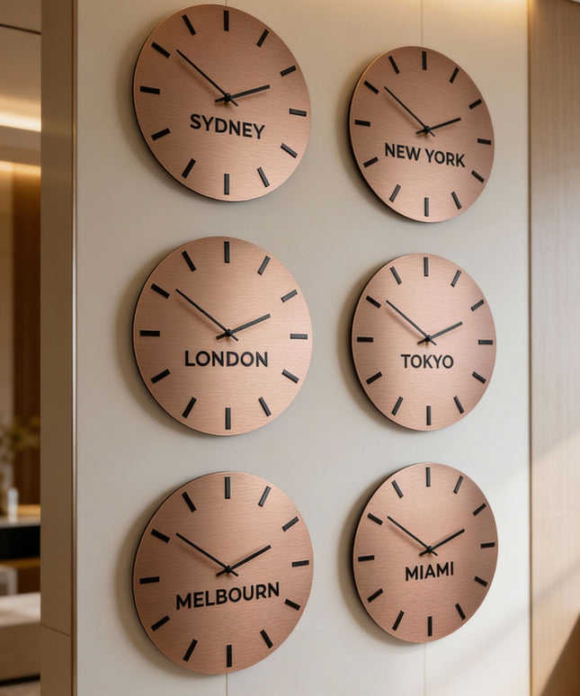 ALUMADESIGNCO brushed bronze world time zone wall clock with custom city names, modern wall décor for offices, hotels, studios, and contemporary interiors