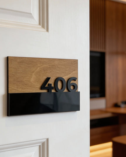 ALUMADESIGNCO Horizon Design custom wood door number sign with 3D glossy black acrylic numbers, modern signage for hotels, apartments, and Airbnb interiors