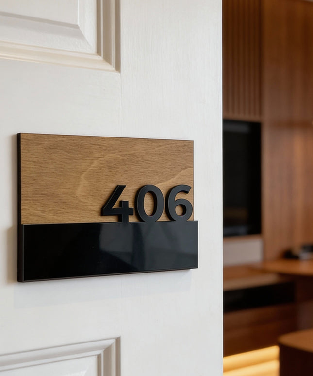 ALUMADESIGNCO Horizon Design custom wood door number sign with 3D glossy black acrylic numbers, modern signage for hotels, apartments, and Airbnb interiors