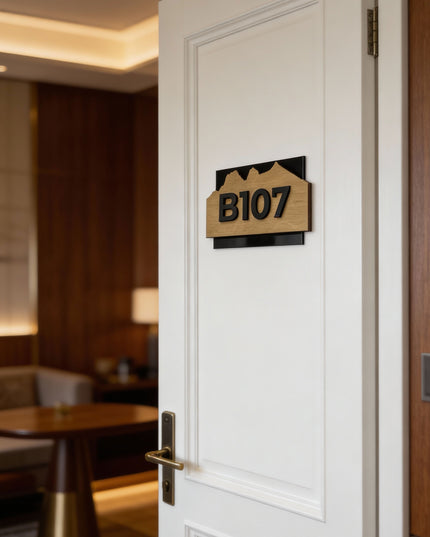 Modern Alpine Design hotel door number plaque by ALUMADESIGNCO combining natural birch wood and acrylic glass numbers, elegant signage for hotel rooms and corridors
