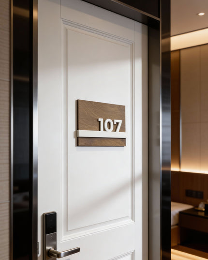 ALUMADESIGNCO Horizon Design wooden room number sign with 3D glossy white acrylic numbers, modern door signage for hotels, apartments, and Airbnb interiors
