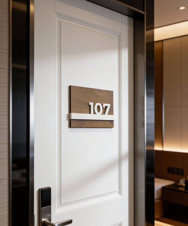 ALUMADESIGNCO Horizon Design wooden room number sign with 3D glossy white acrylic numbers, modern door signage for hotels, apartments, and Airbnb interiors