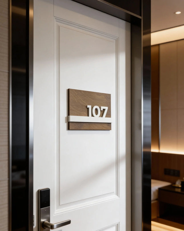 ALUMADESIGNCO Horizon Design wooden room number sign with 3D glossy white acrylic numbers, modern door signage for hotels, apartments, and Airbnb interiors