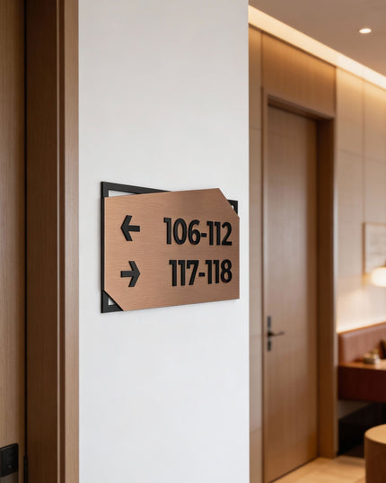 ALUMADESIGNCO brushed bronze and black acrylic directional plaque with minimalist modern design, premium wayfinding signage for offices, apartments, hotels, and commercial buildings