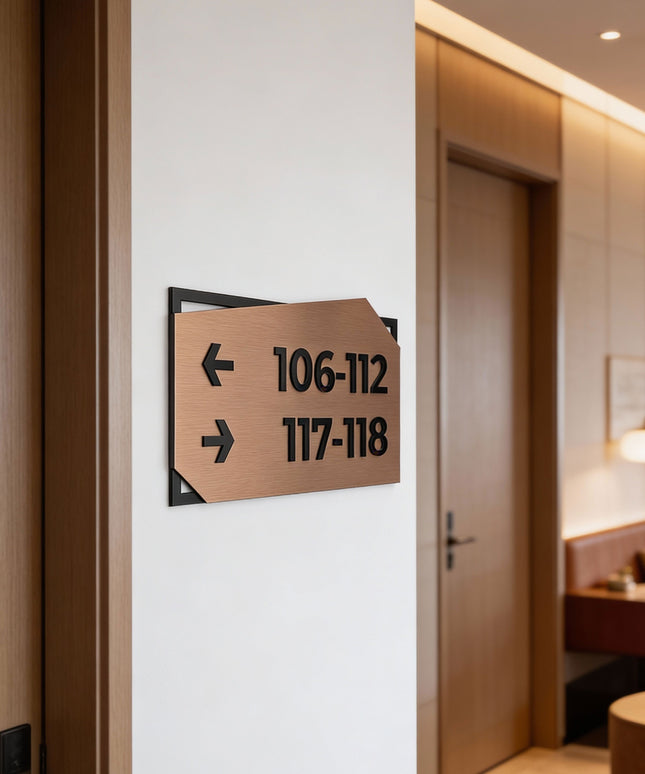 ALUMADESIGNCO brushed bronze and black acrylic directional plaque with minimalist modern design, premium wayfinding signage for offices, apartments, hotels, and commercial buildings