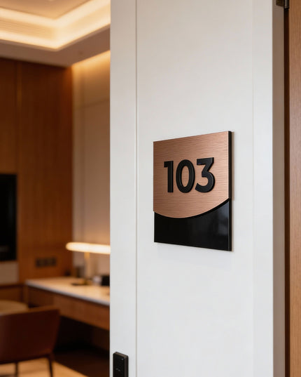 Premium 3D layered apartment door number plaque by ALUMADESIGNCO featuring bronze metal plaque and acrylic numbers, modern door signage for apartments and offices