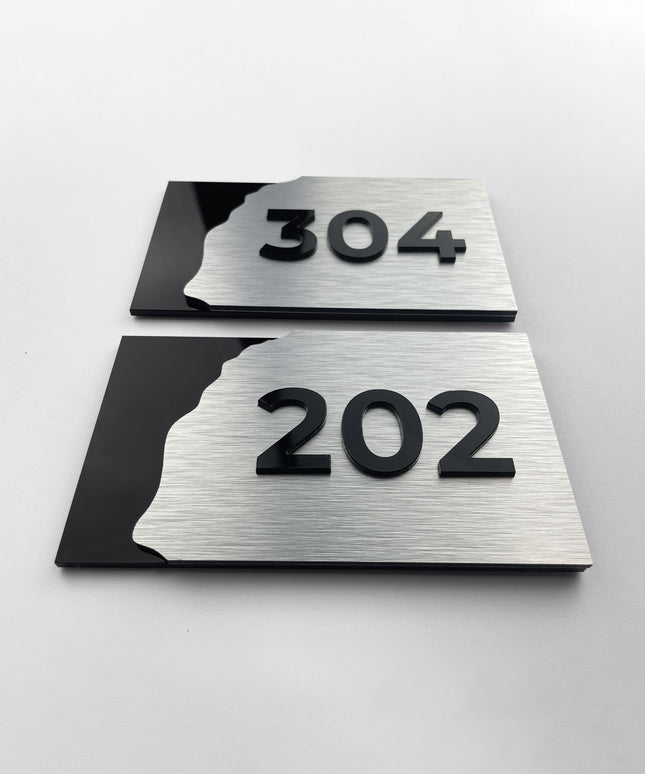 ALUMADESIGNCO premium hotel room number sign with brushed silver metal panel and acrylic numbers, elegant signage for hotels and apartments