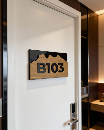 Modern Alpine Design birch wood apartment door number sign by ALUMADESIGNCO with acrylic glass numbers, stylish door signage for contemporary interiors