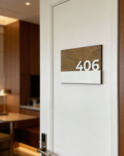 Premium Horizon birch wood interior door number plaque by ALUMADESIGNCO with 3D glossy white acrylic glass numbers, modern hotel room signage and apartment door numbers