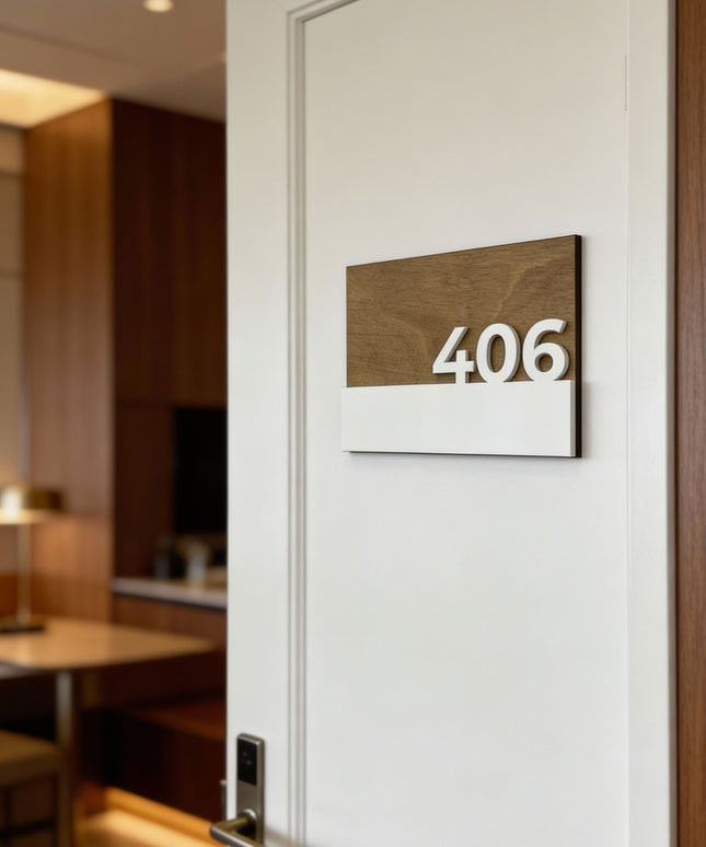 Premium Horizon birch wood interior door number plaque by ALUMADESIGNCO with 3D glossy white acrylic glass numbers, modern hotel room signage and apartment door numbers