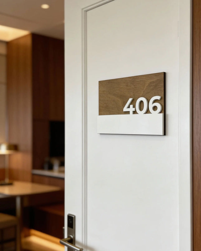 Premium Horizon birch wood interior door number plaque by ALUMADESIGNCO with 3D glossy white acrylic glass numbers, modern hotel room signage and apartment door numbers